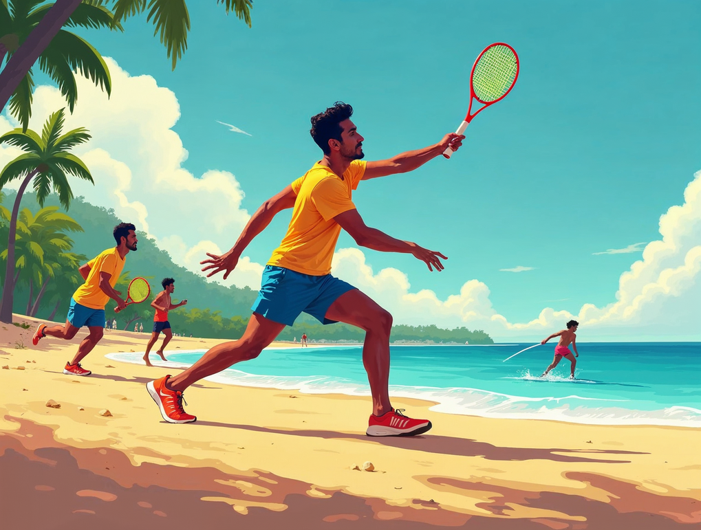 André Baran jogando beach tennis em uma quadra de areia.