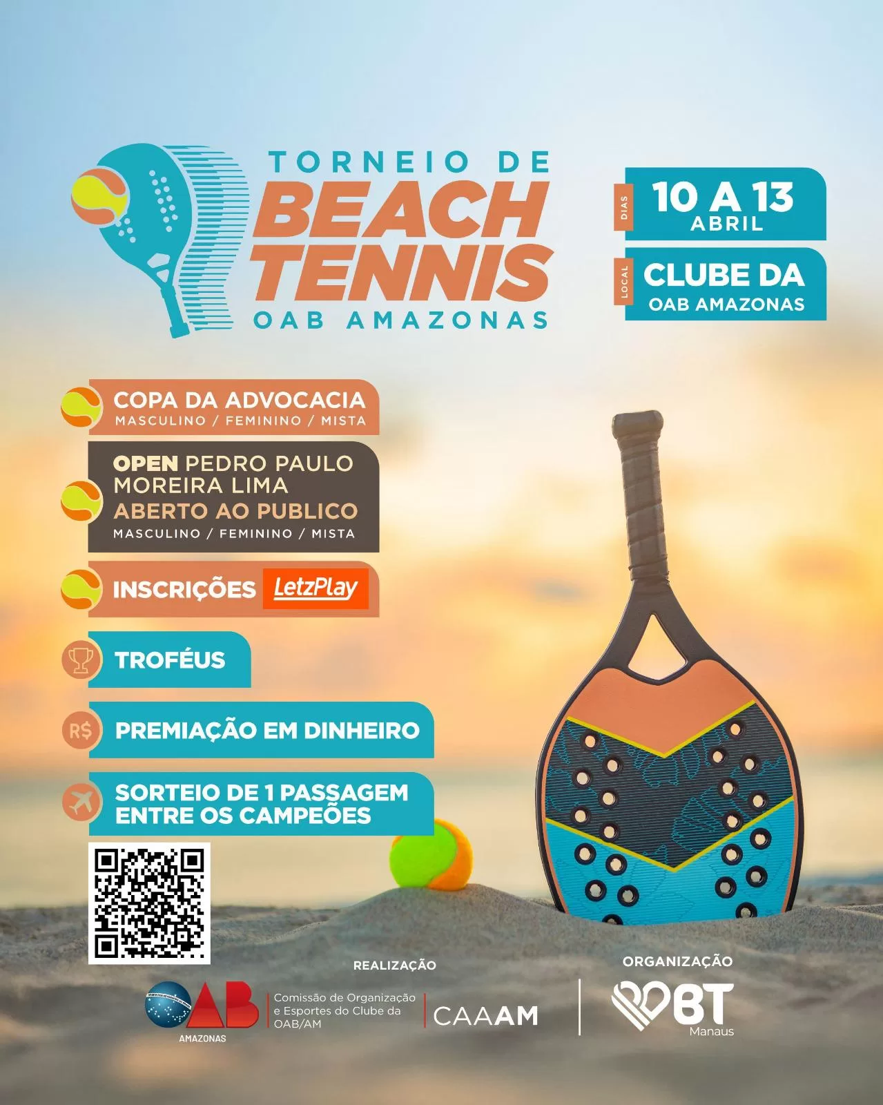 Jogadores competindo no Torneio de Beach Tennis da OAB Amazonas em quadras de areia.