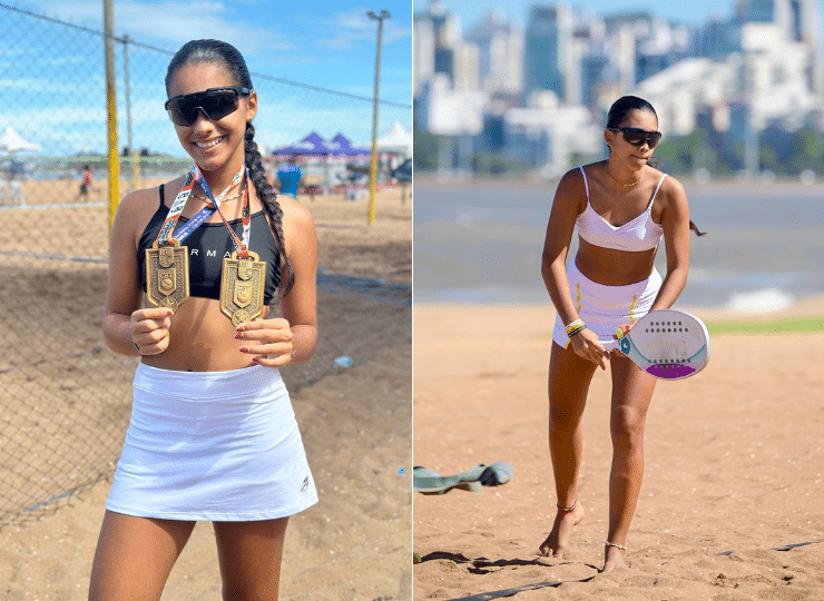 Giovana Gagno Vidal jogando beach tennis em uma quadra de areia.