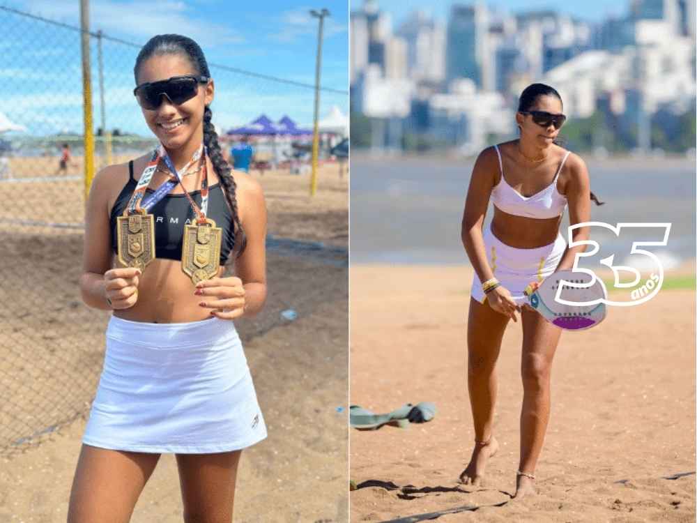 Giovana Gagno Vidal jogando beach tennis em uma competição na praia.