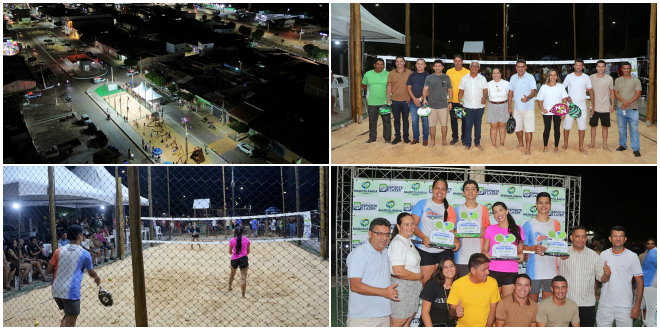 Atletas competindo no Torneio Municipal de Beach Tennis em Marcolândia.